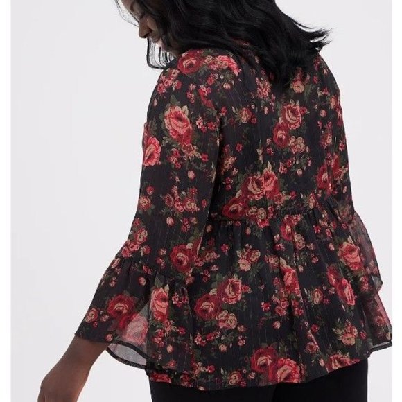 Torrid Top Blouse Black SemiSheer Red Rose Babydoll Chiffon Floral Size 0 L NWT - Picture 3 of 7